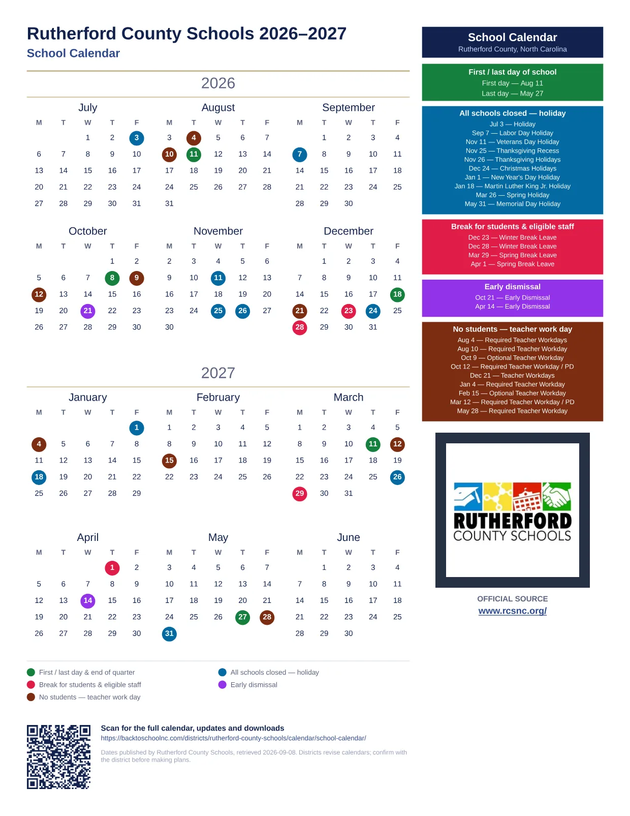Rutherford County Schools School Calendar 2026–2027 printable calendar