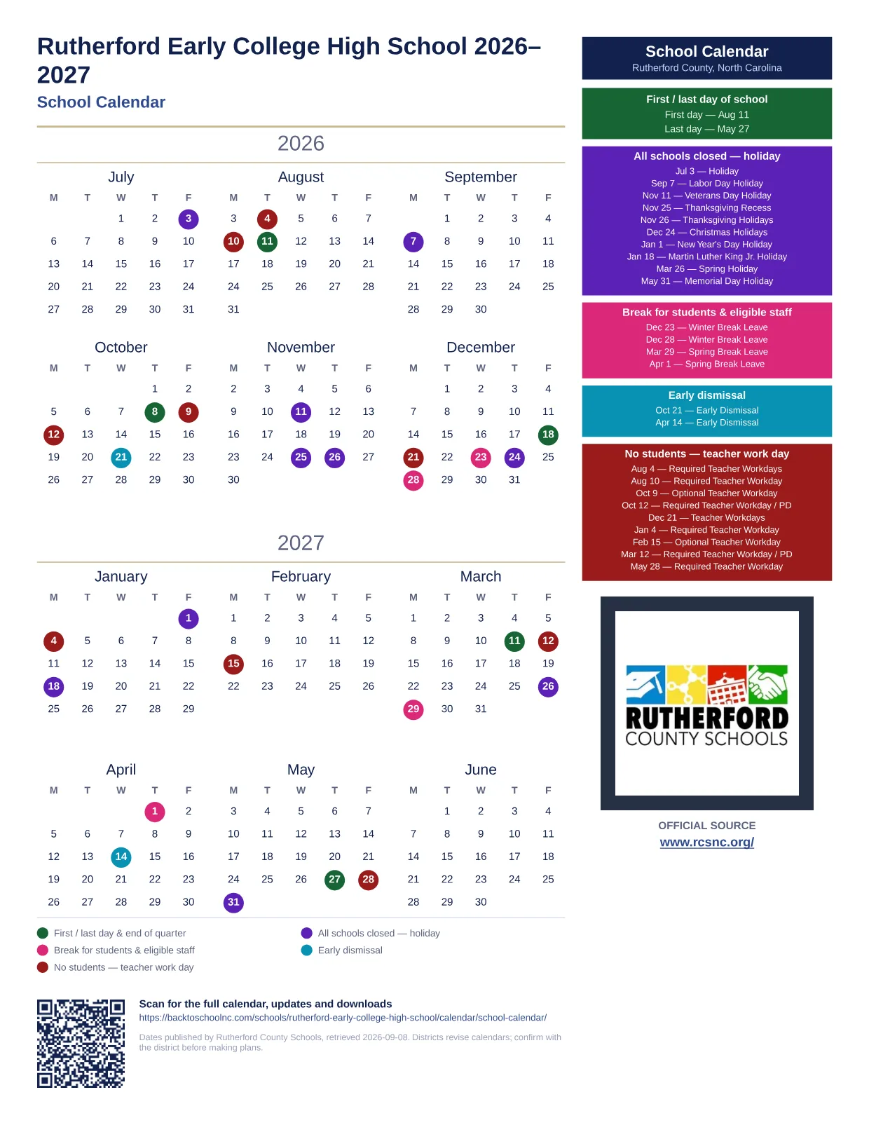 Rutherford Early College High School 2026–2027 printable calendar