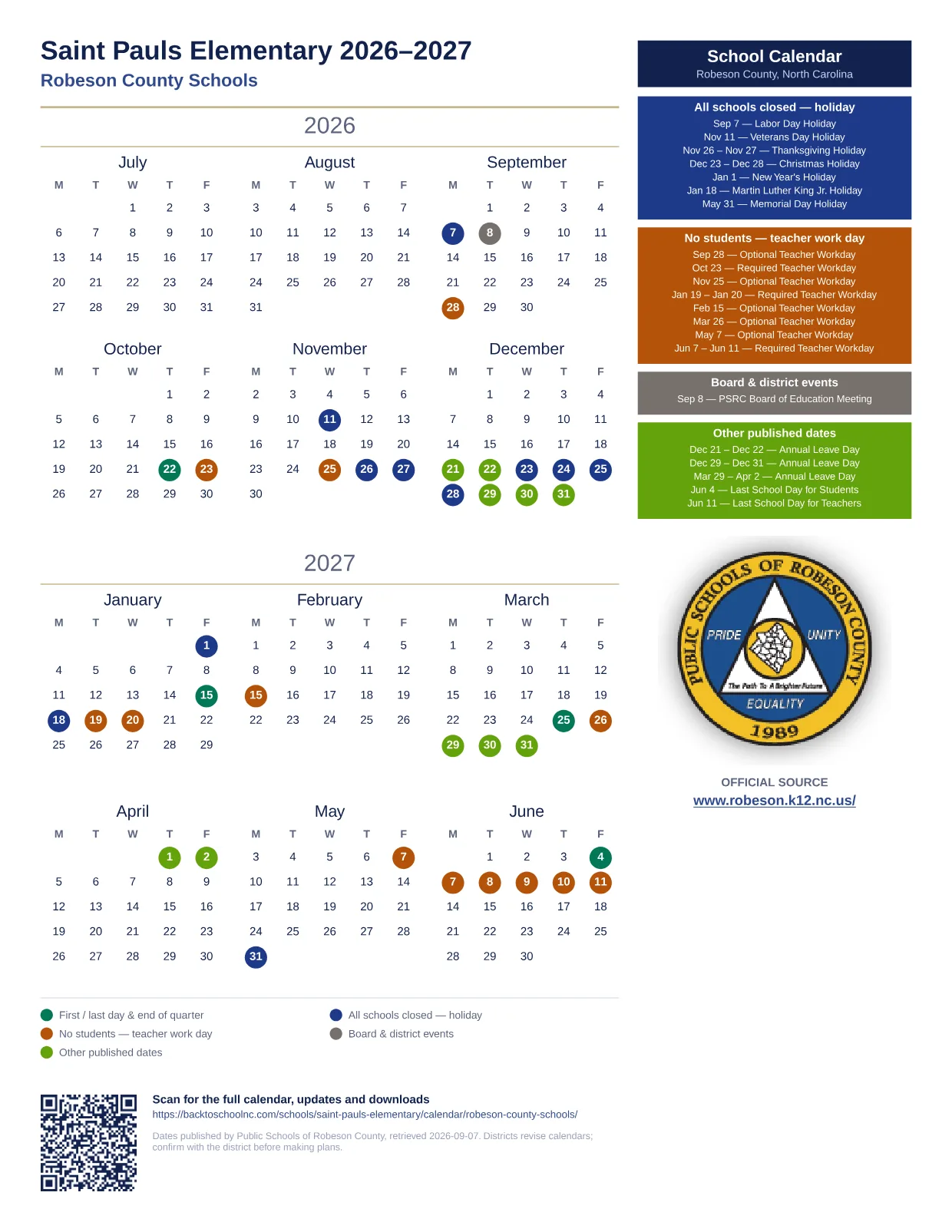 Saint Pauls Elementary  printable calendar