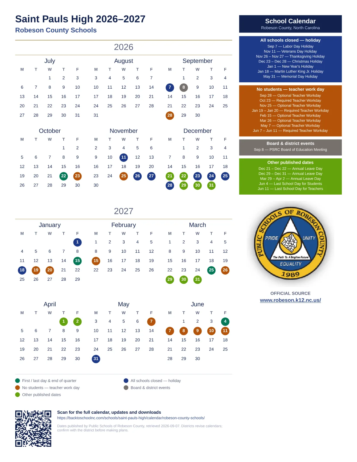 Saint Pauls High printable calendar