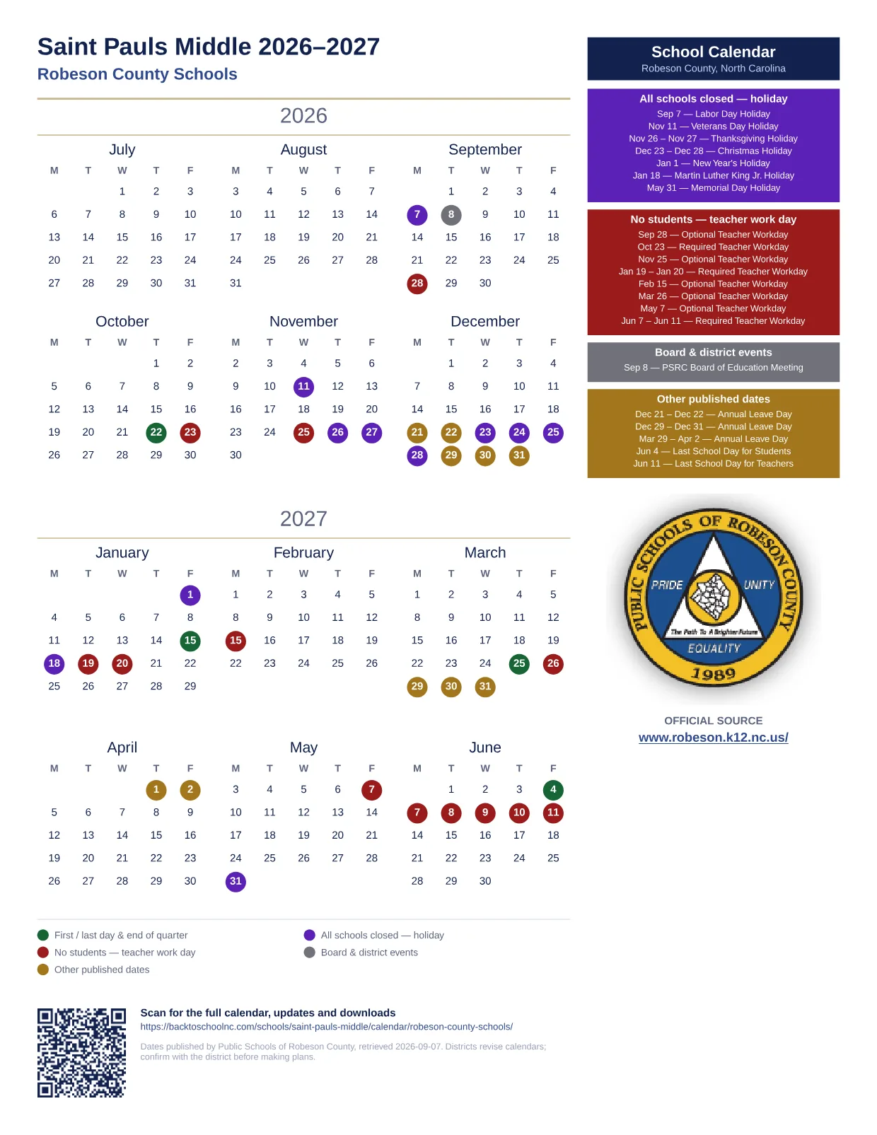 Saint Pauls Middle  printable calendar