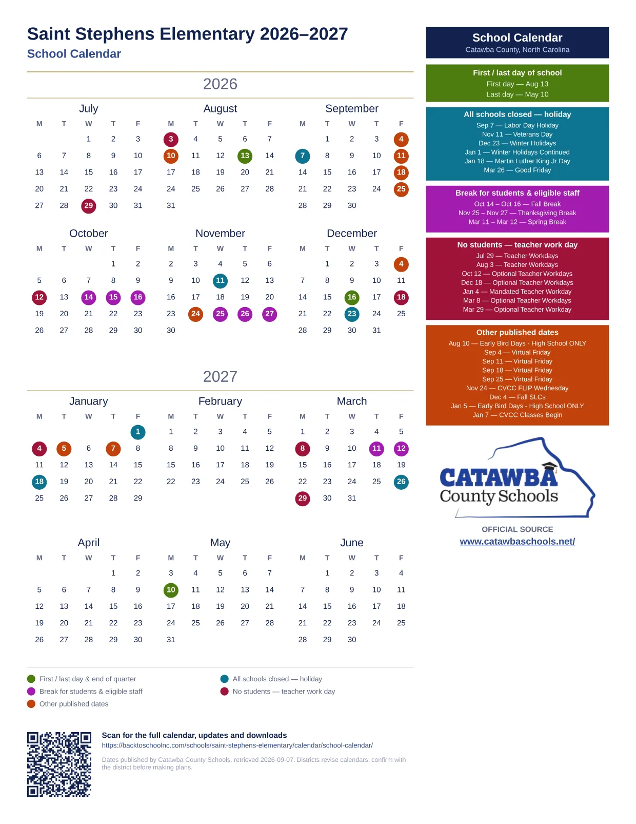 Saint Stephens Elementary 2026–2027 printable calendar