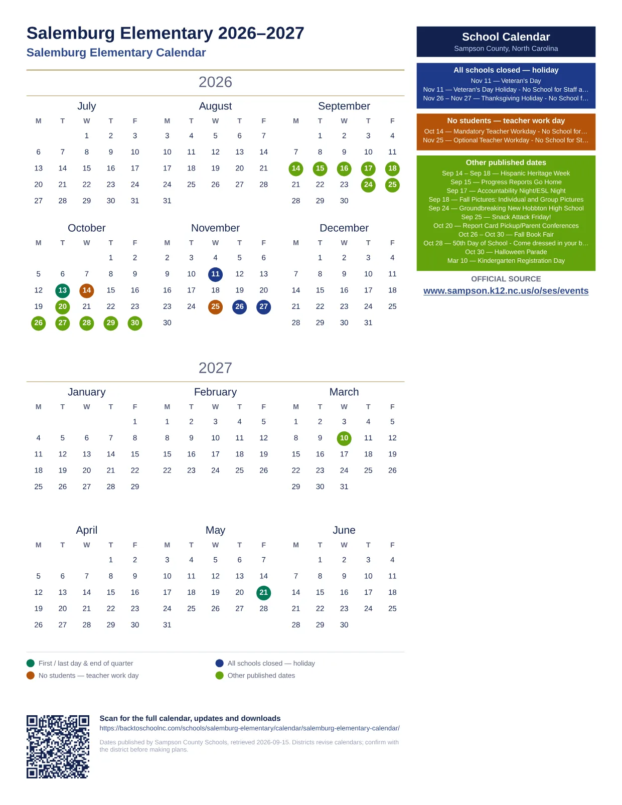 Salemburg Elementary  printable calendar