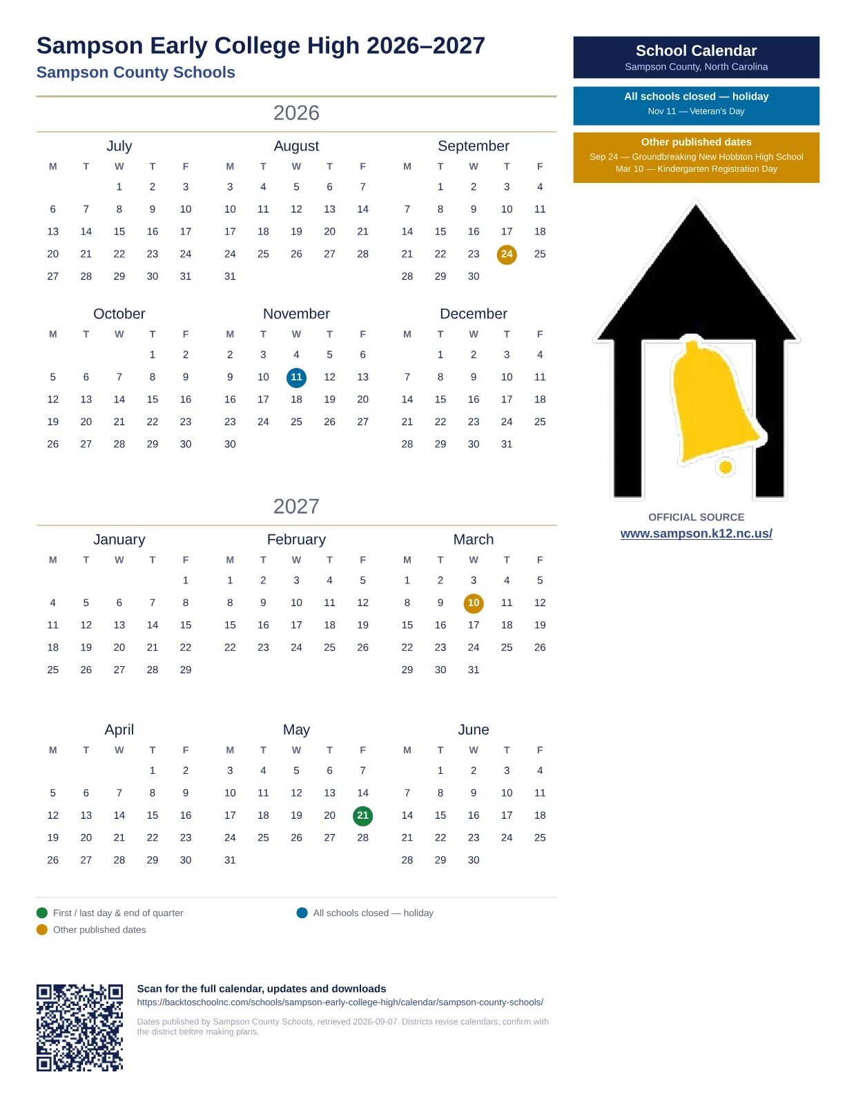 Sampson Early College High printable calendar