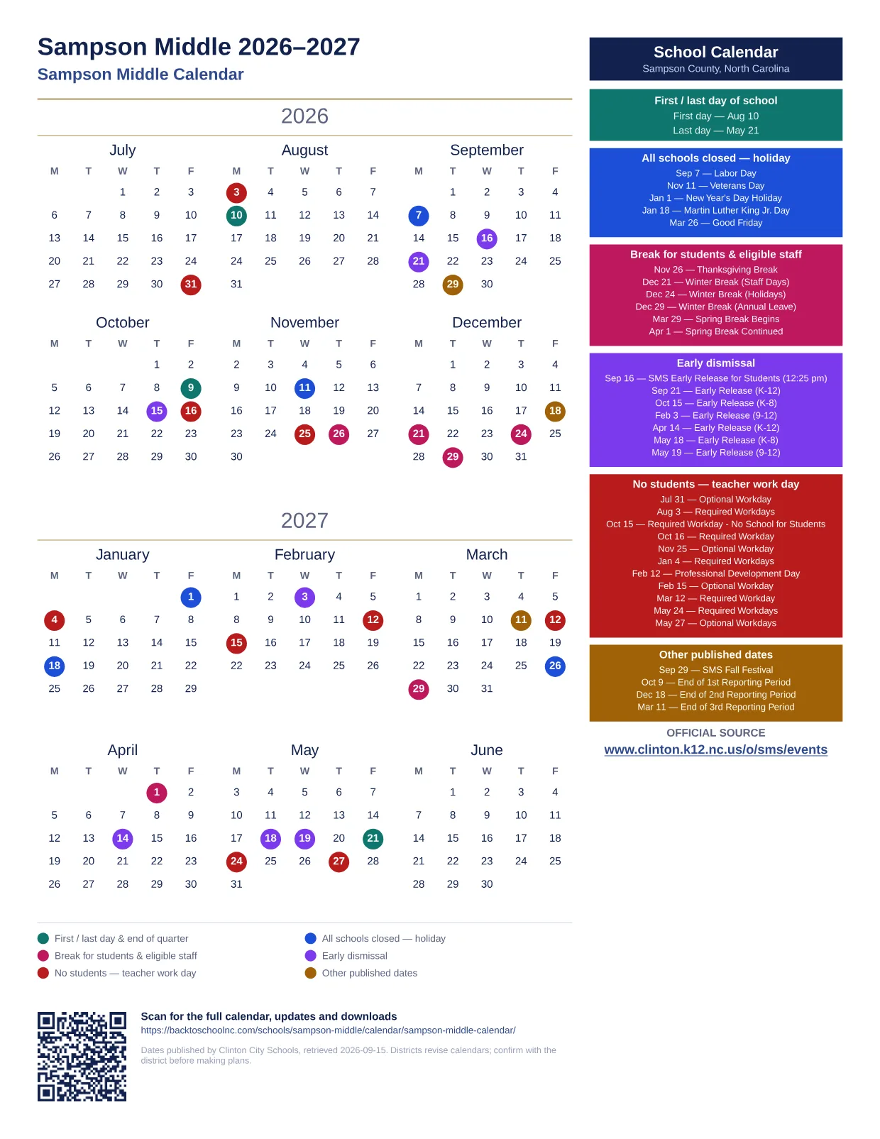 Sampson Middle 2026–2027 printable calendar
