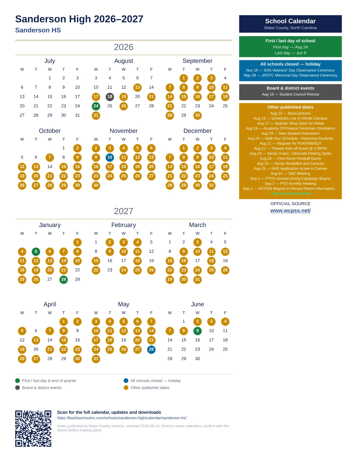 Sanderson High 2026–2027 printable calendar