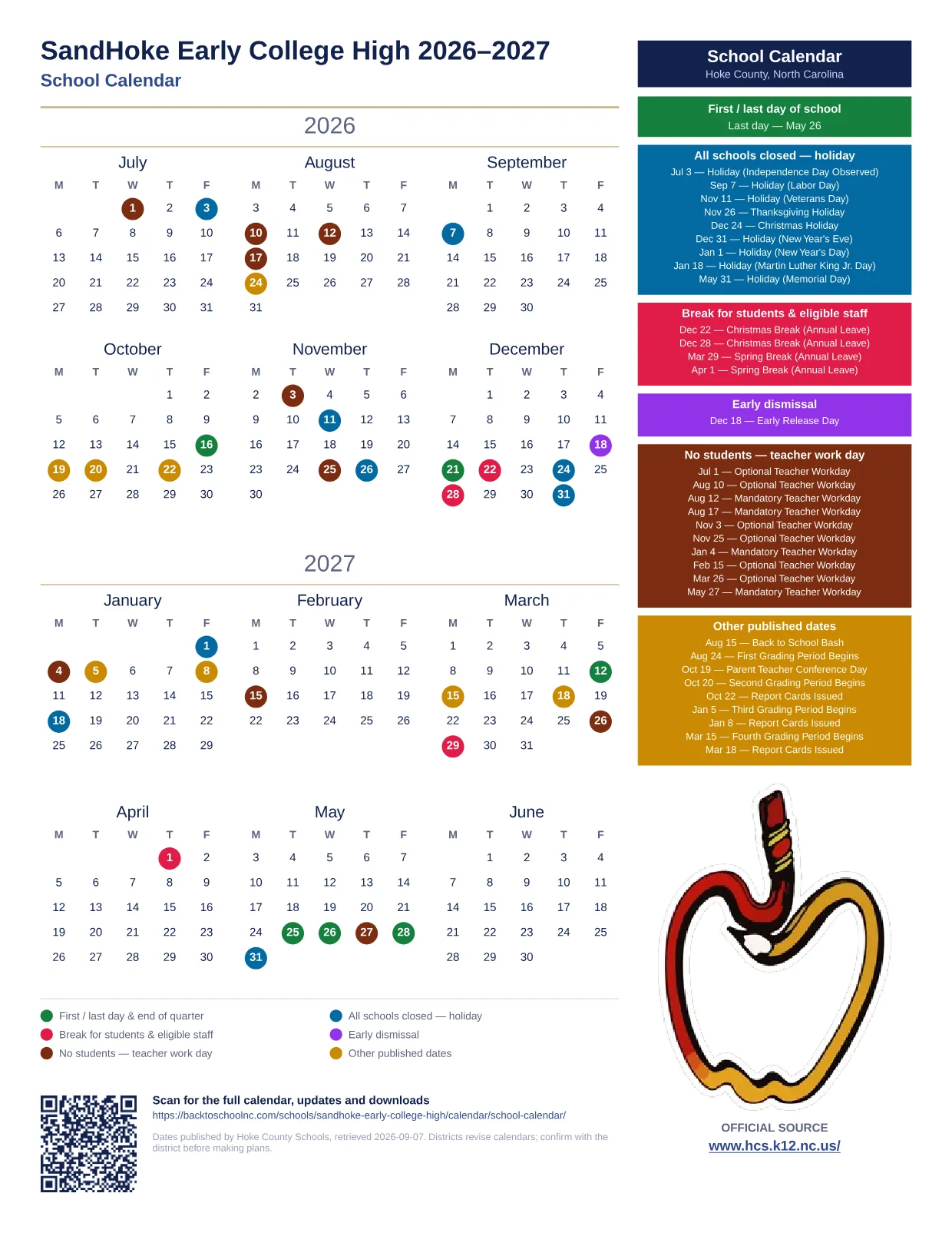 SandHoke Early College High printable calendar