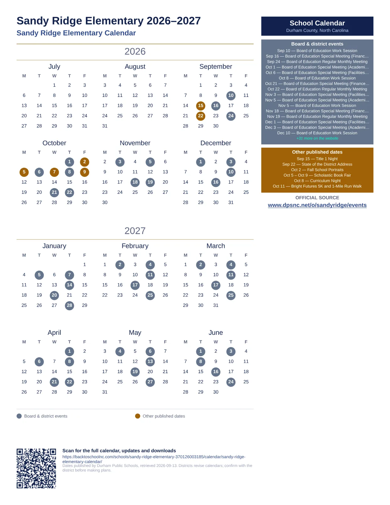 Sandy Ridge Elementary  printable calendar