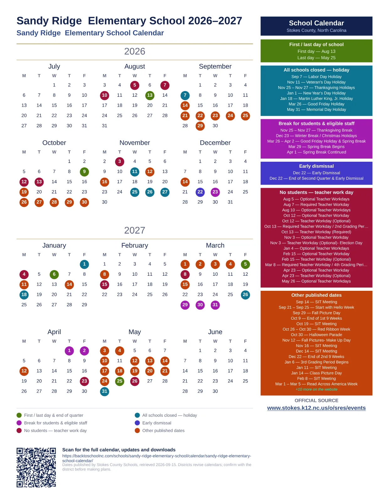 Sandy Ridge Elementary School 2026–2027 printable calendar