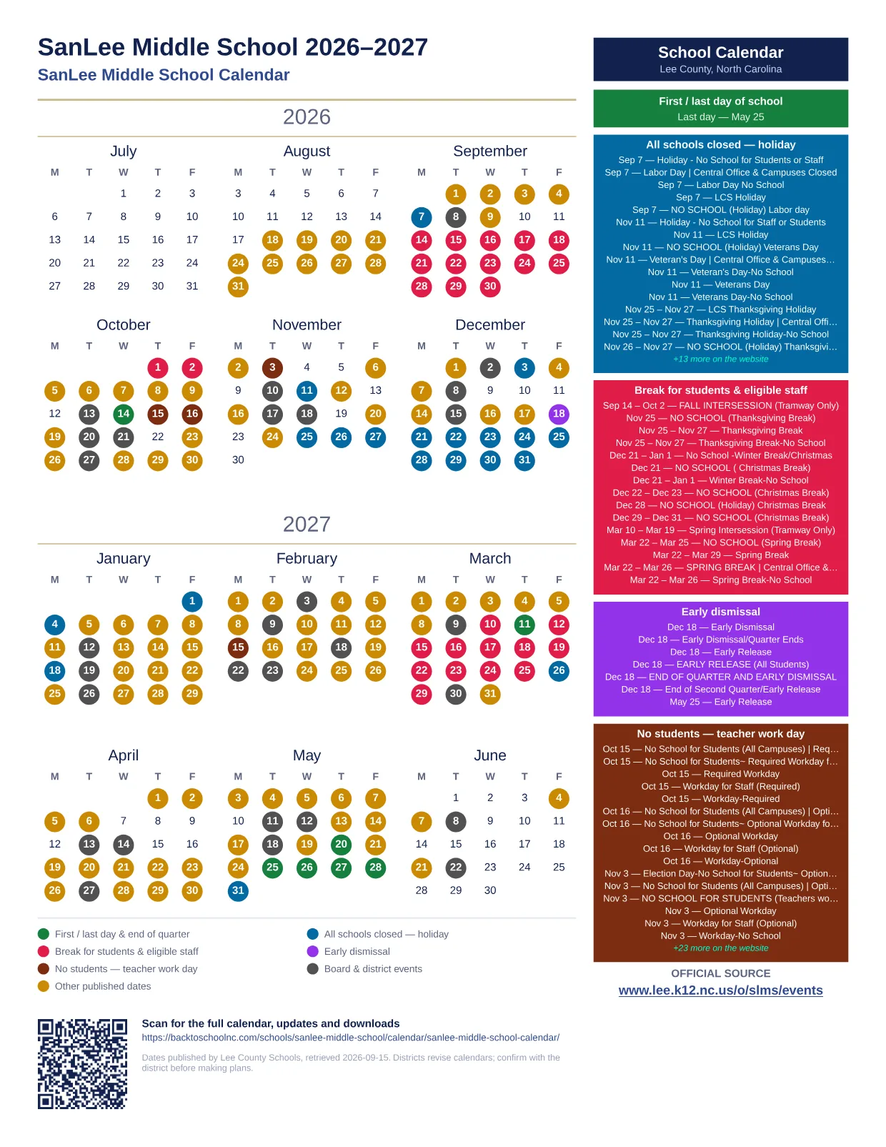 SanLee Middle School  printable calendar