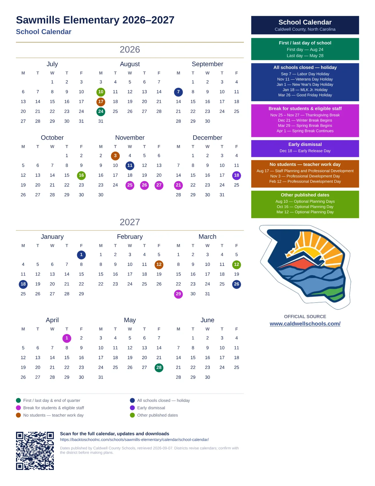 Sawmills Elementary 2026–2027 printable calendar