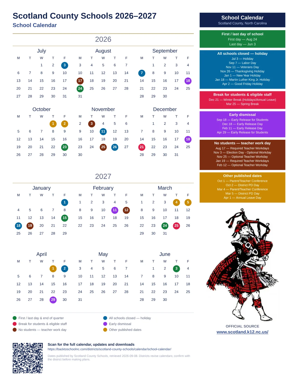 Scotland County Schools School Calendar 2026–2027 printable calendar