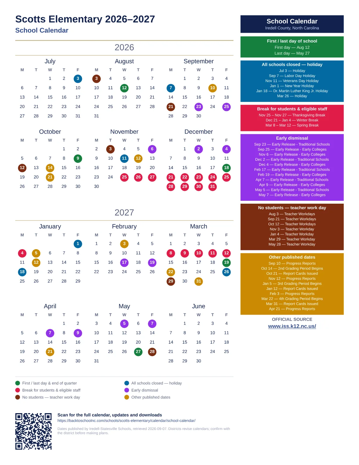 Scotts Elementary 2026–2027 printable calendar