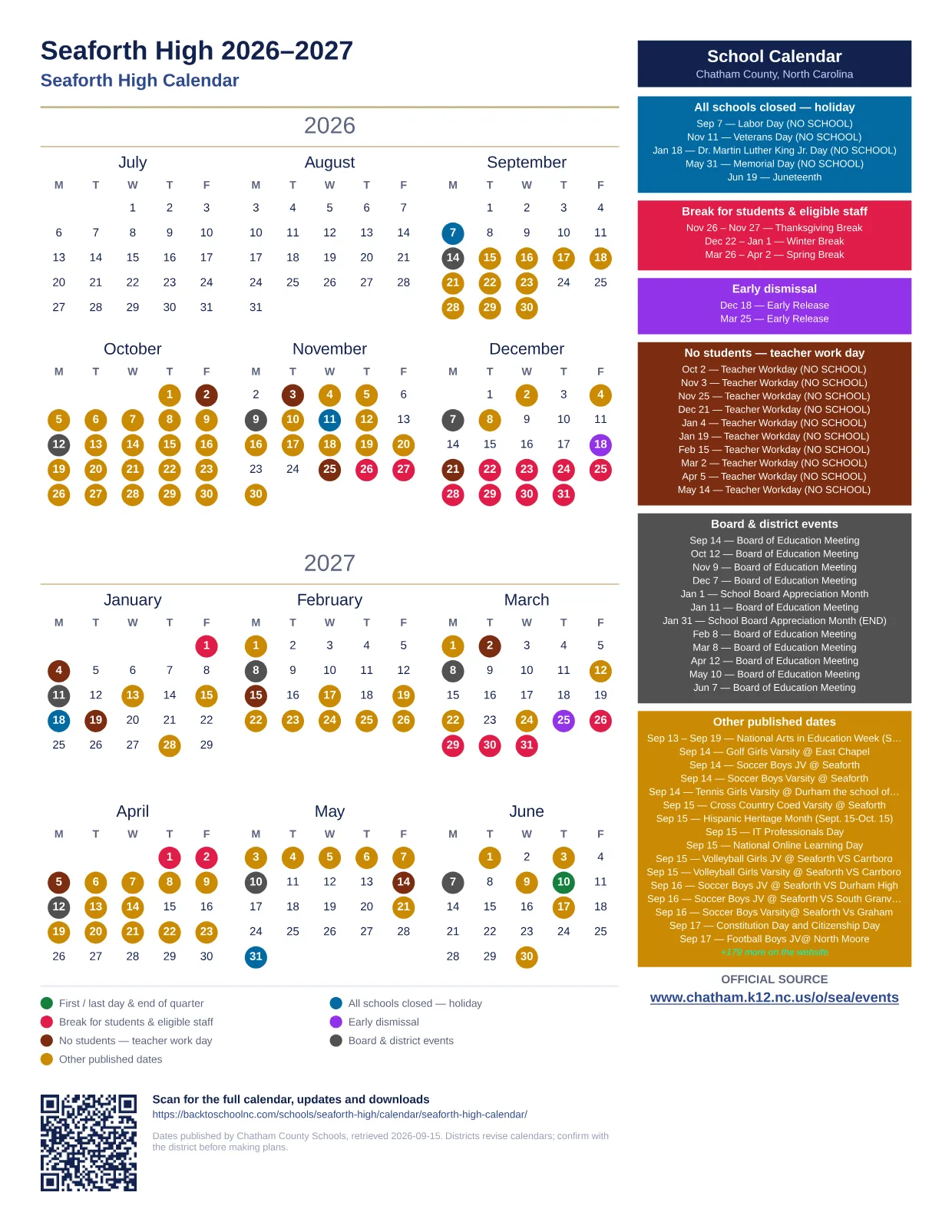 Seaforth High  printable calendar