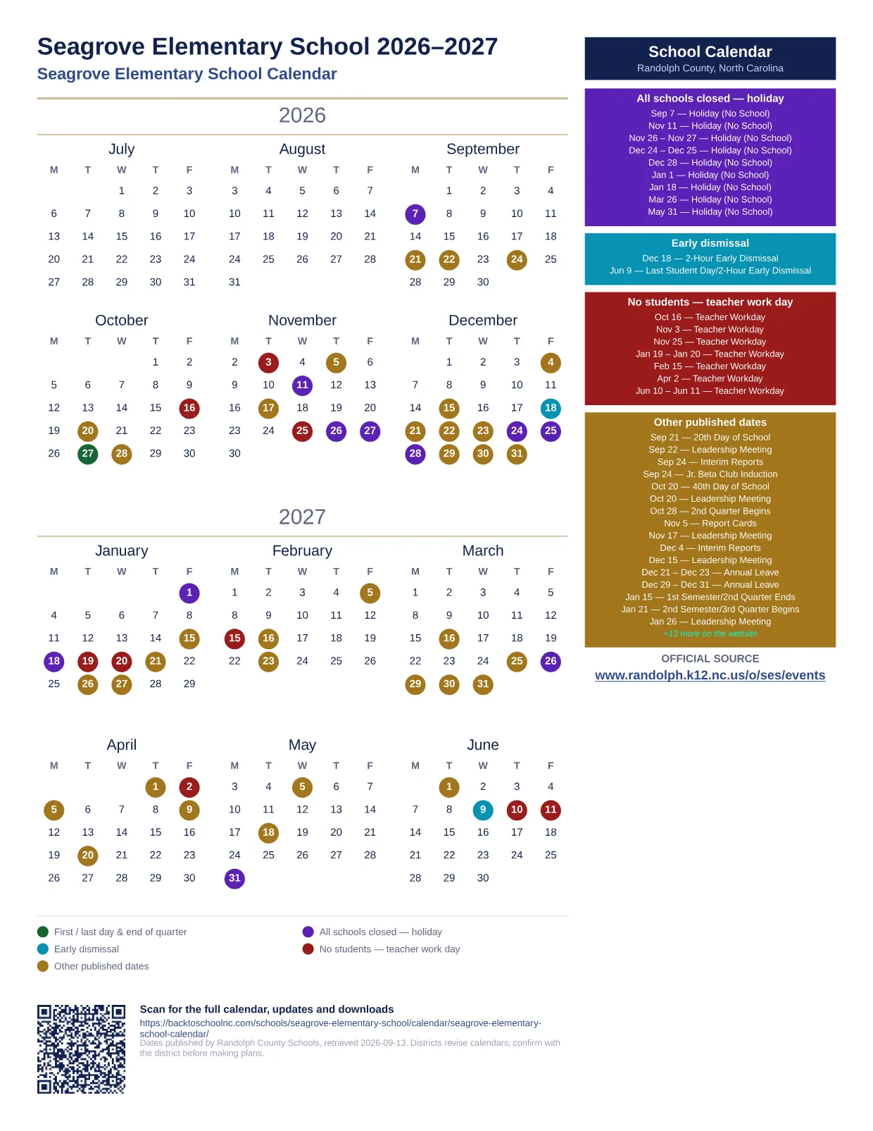 Seagrove Elementary School  printable calendar