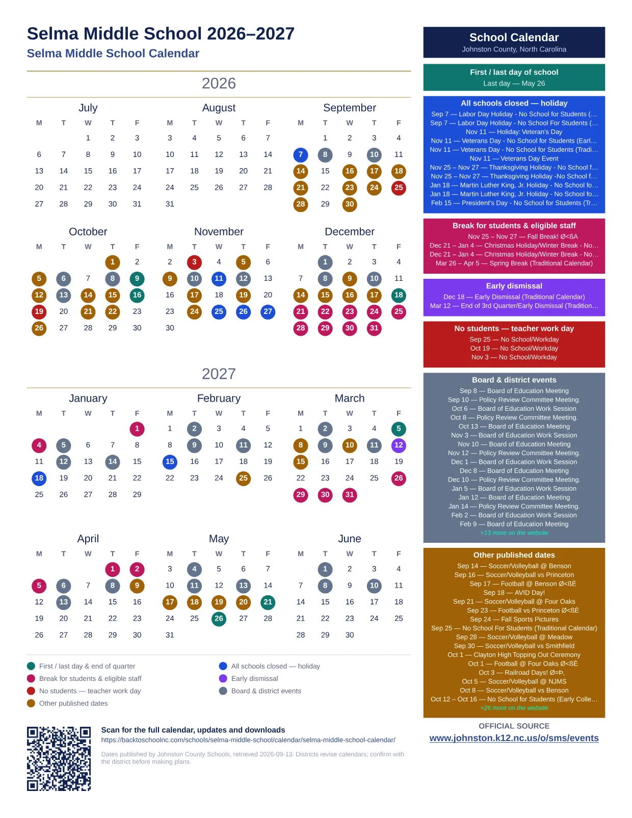 Selma Middle School  printable calendar