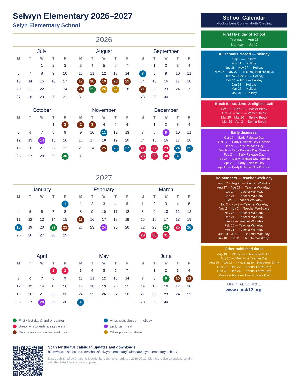 Selwyn Elementary 2026–2027 printable calendar