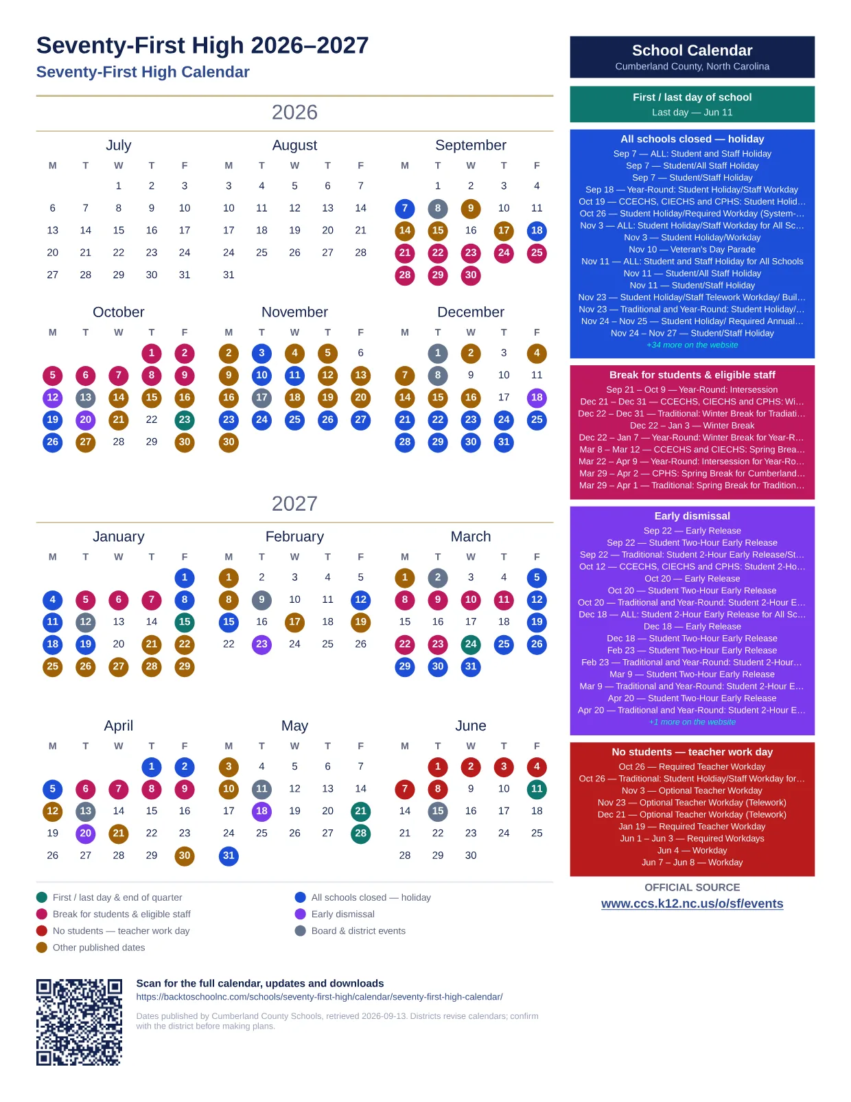 Seventy-First High printable calendar