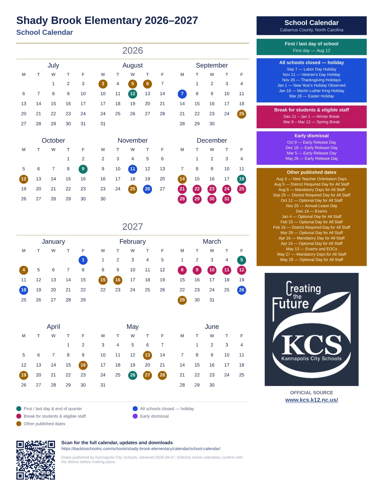 Shady Brook Elementary 2026–2027 printable calendar
