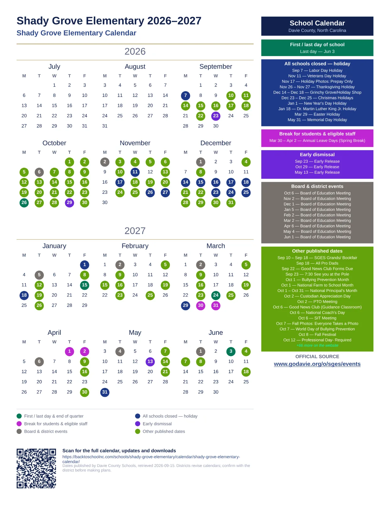Shady Grove Elementary  printable calendar