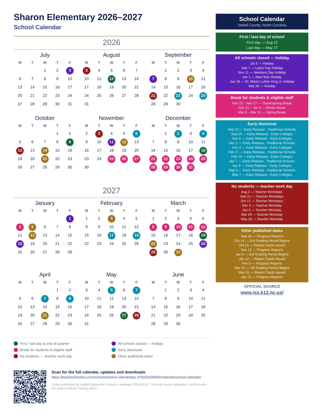 Sharon Elementary 2026–2027 printable calendar