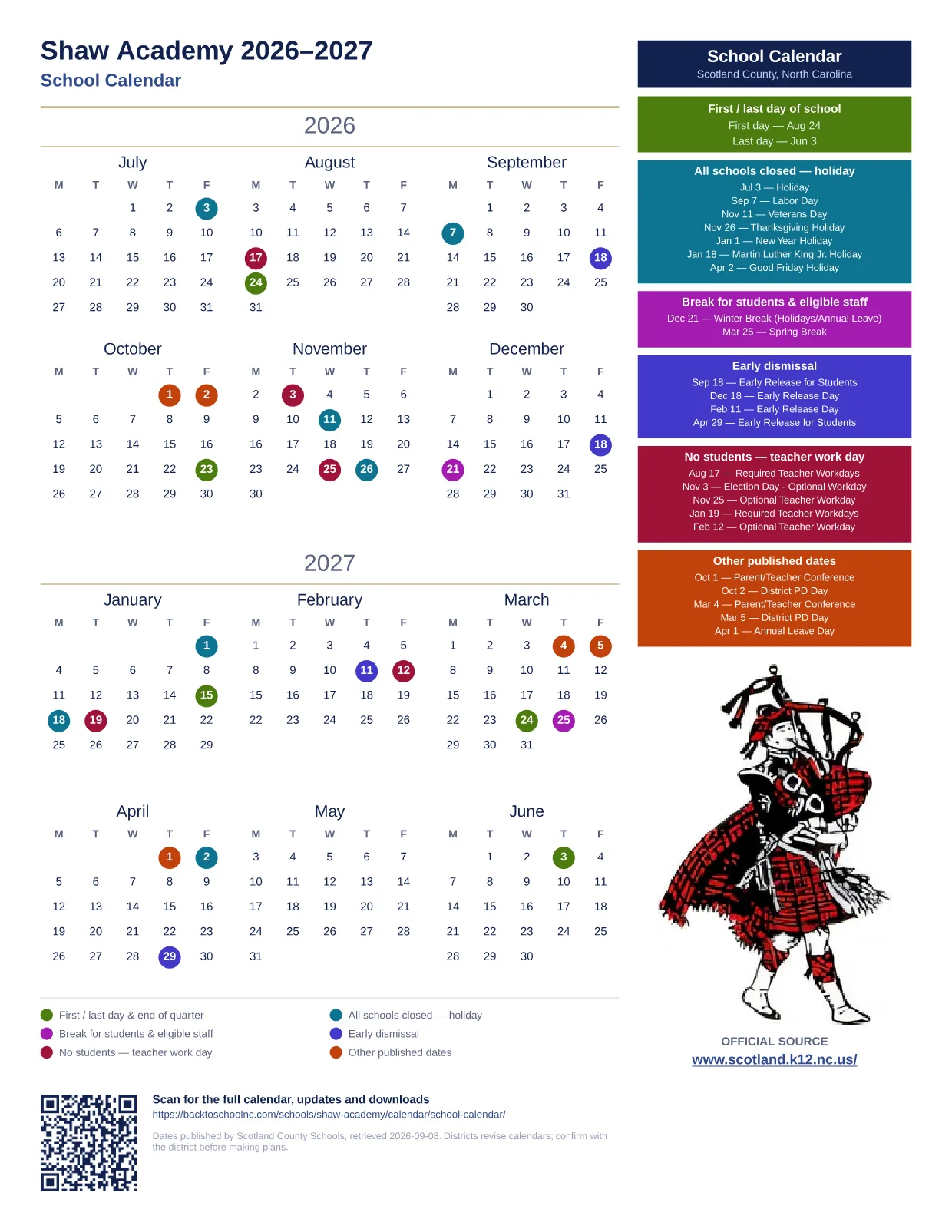 Shaw Academy 2026–2027 printable calendar