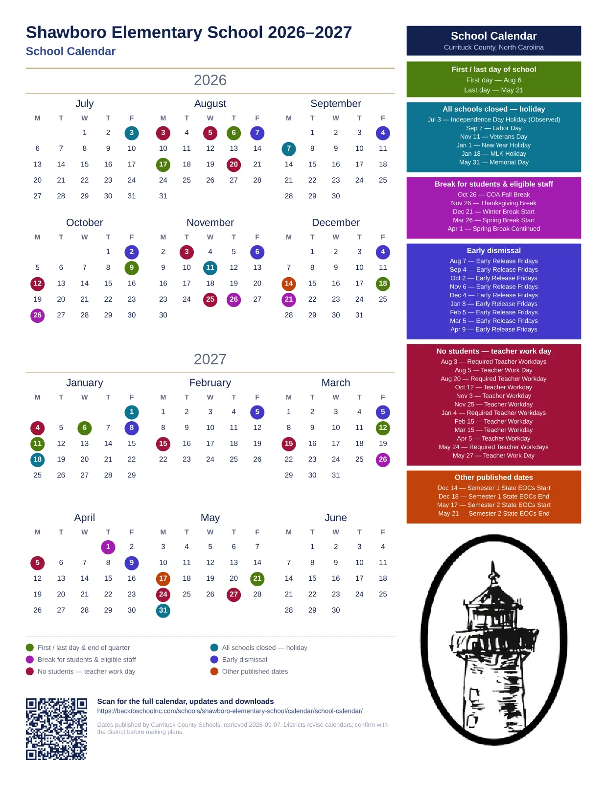 Shawboro Elementary School 2026–2027 printable calendar