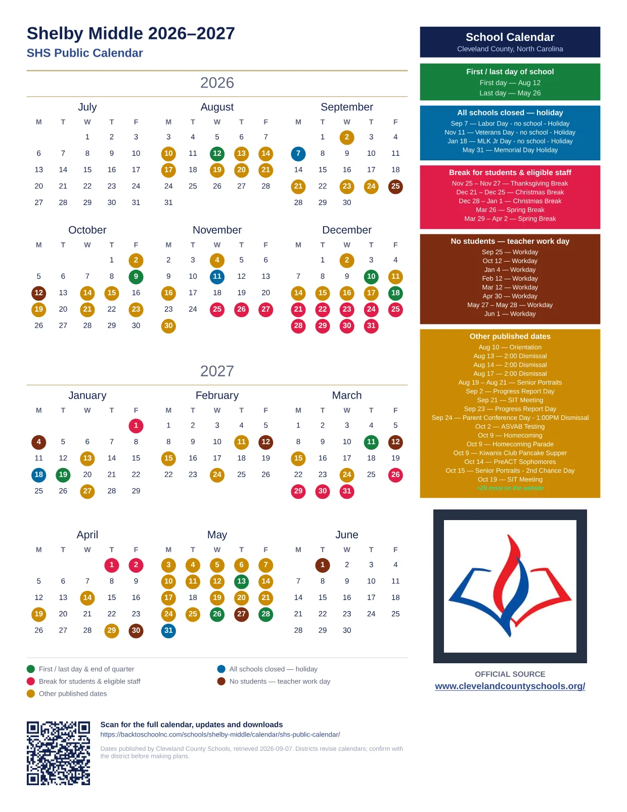 Shelby Middle 2026–2027 printable calendar