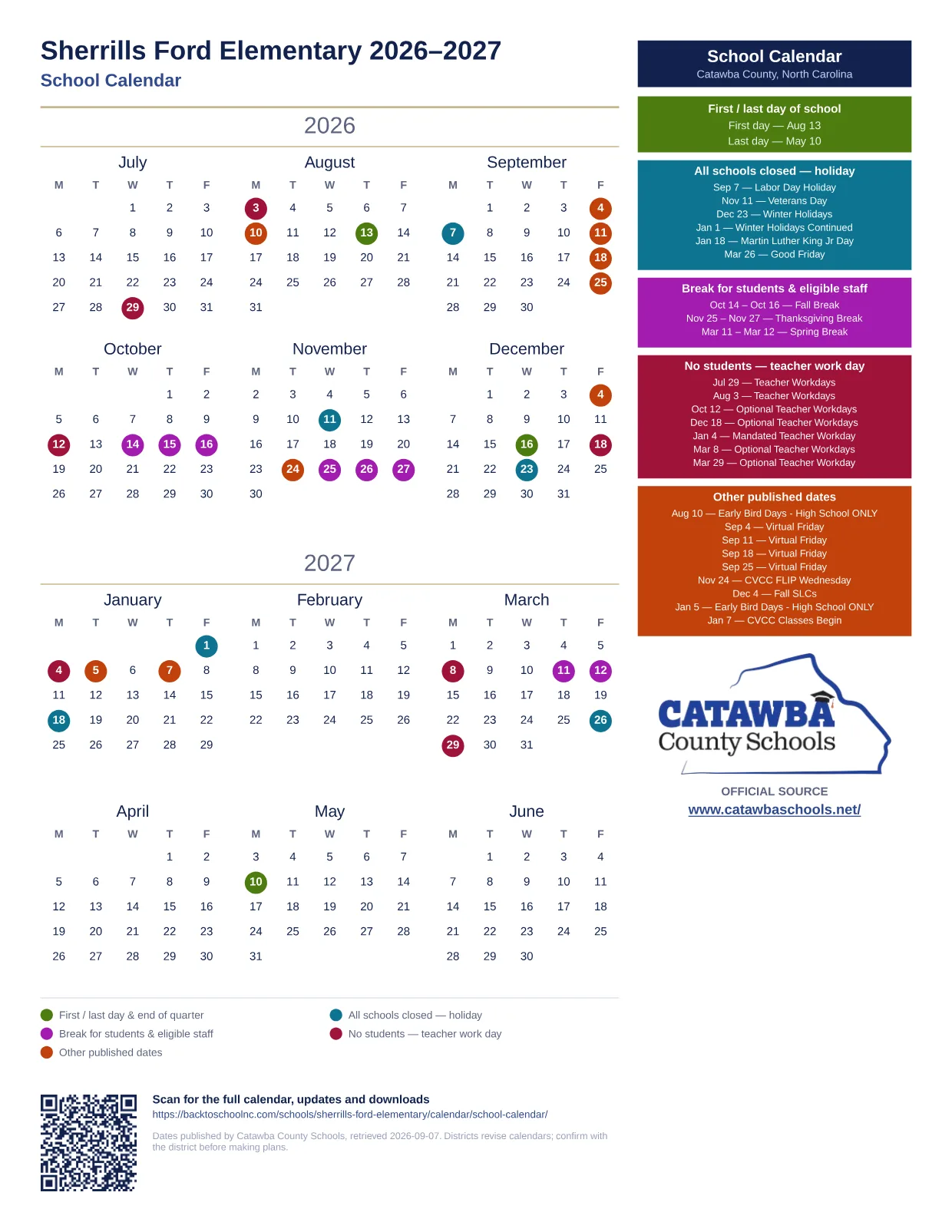 Sherrills Ford Elementary 2026–2027 printable calendar