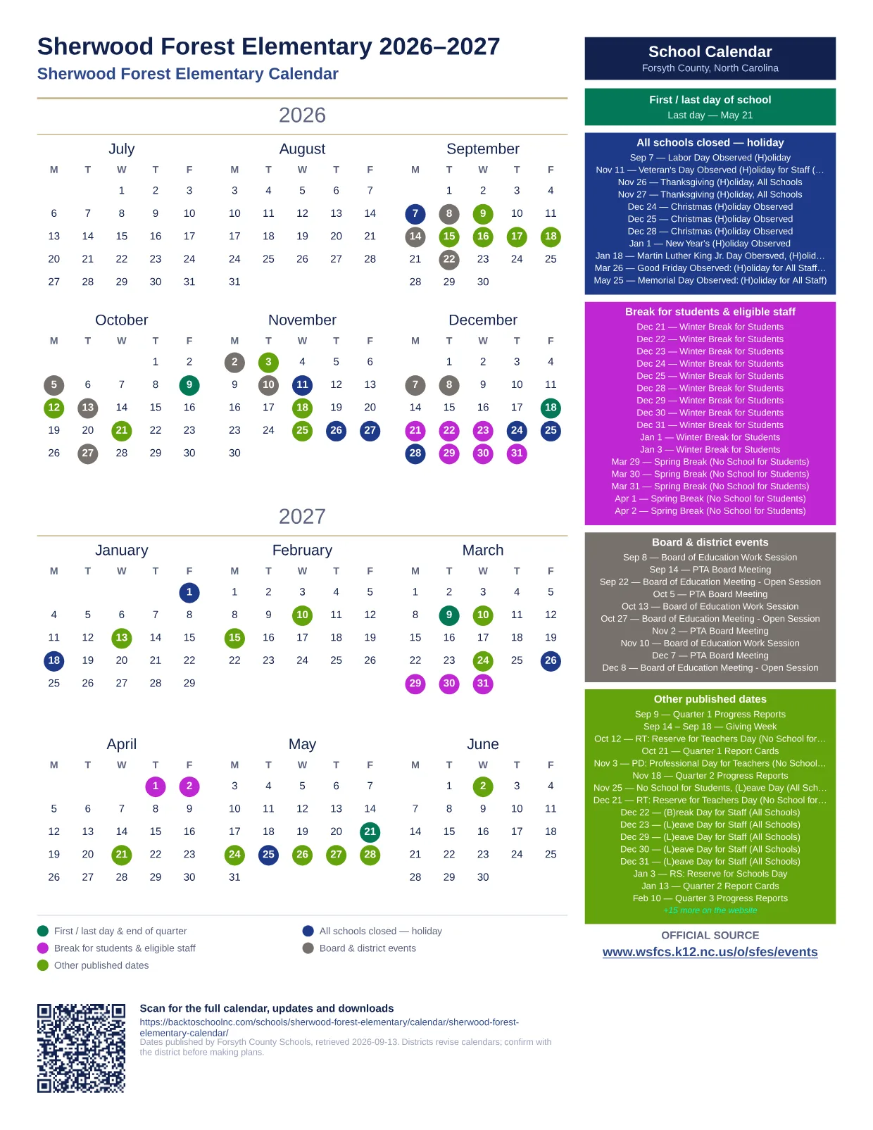 Sherwood Forest Elementary  printable calendar