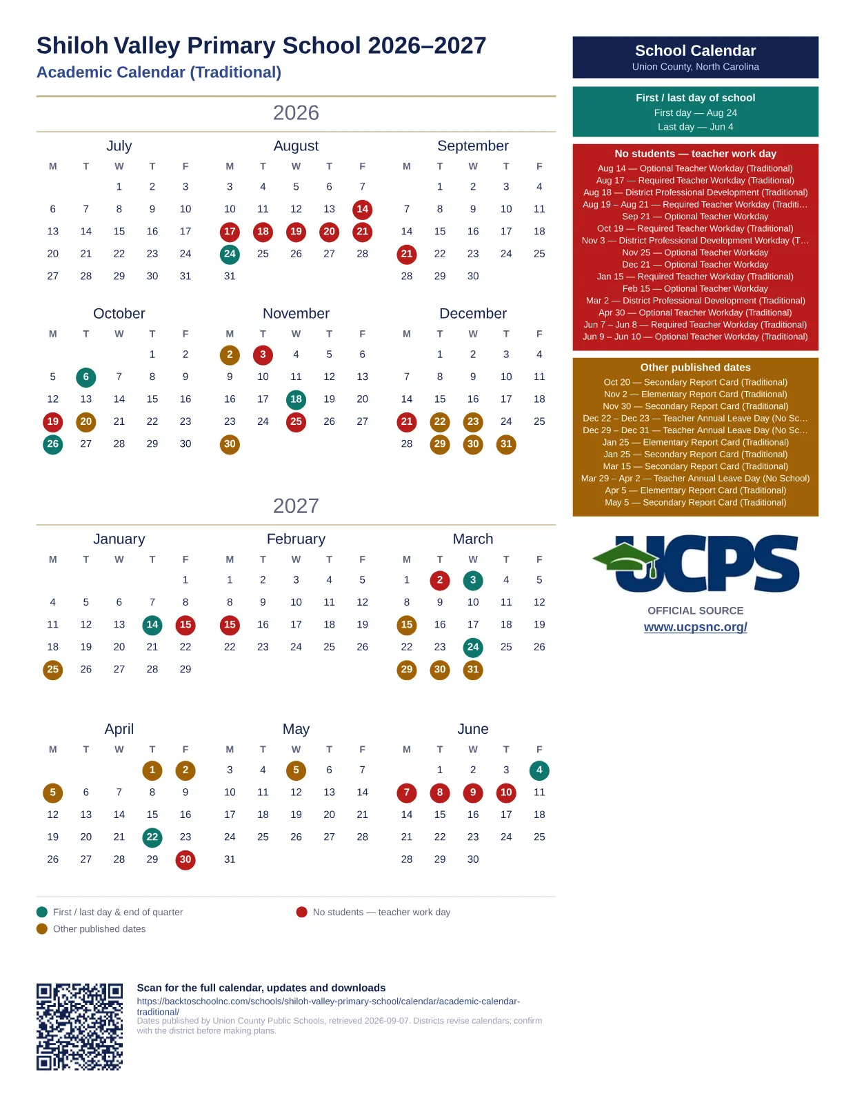 Shiloh Valley Primary School 2026–2027 printable calendar