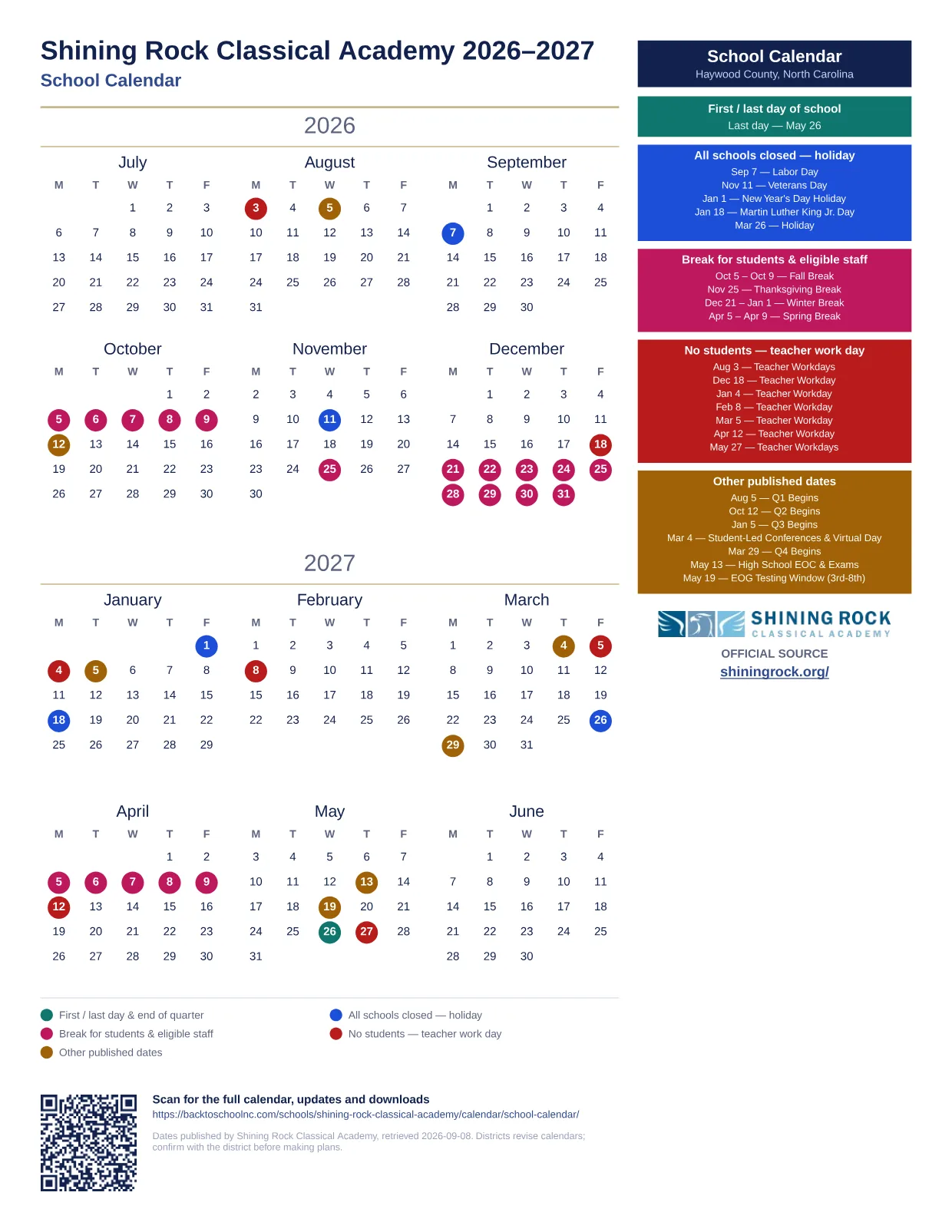 Shining Rock Classical Academy School Calendar  printable calendar