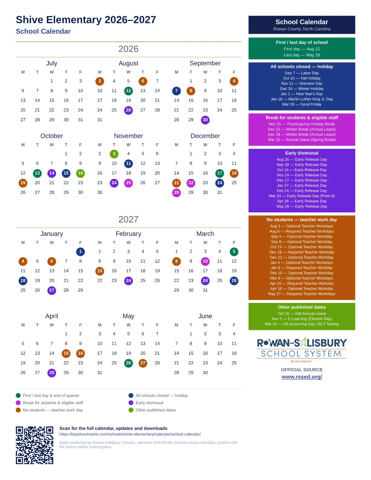 Shive Elementary 2026–2027 printable calendar