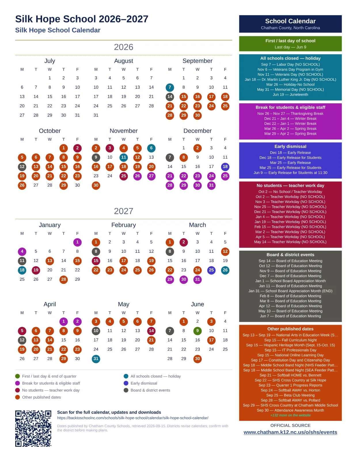 Silk Hope School  printable calendar