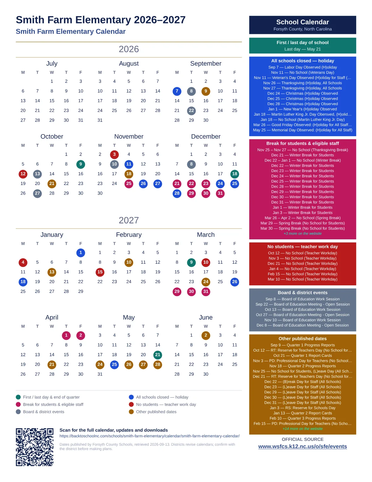 Smith Farm Elementary printable calendar