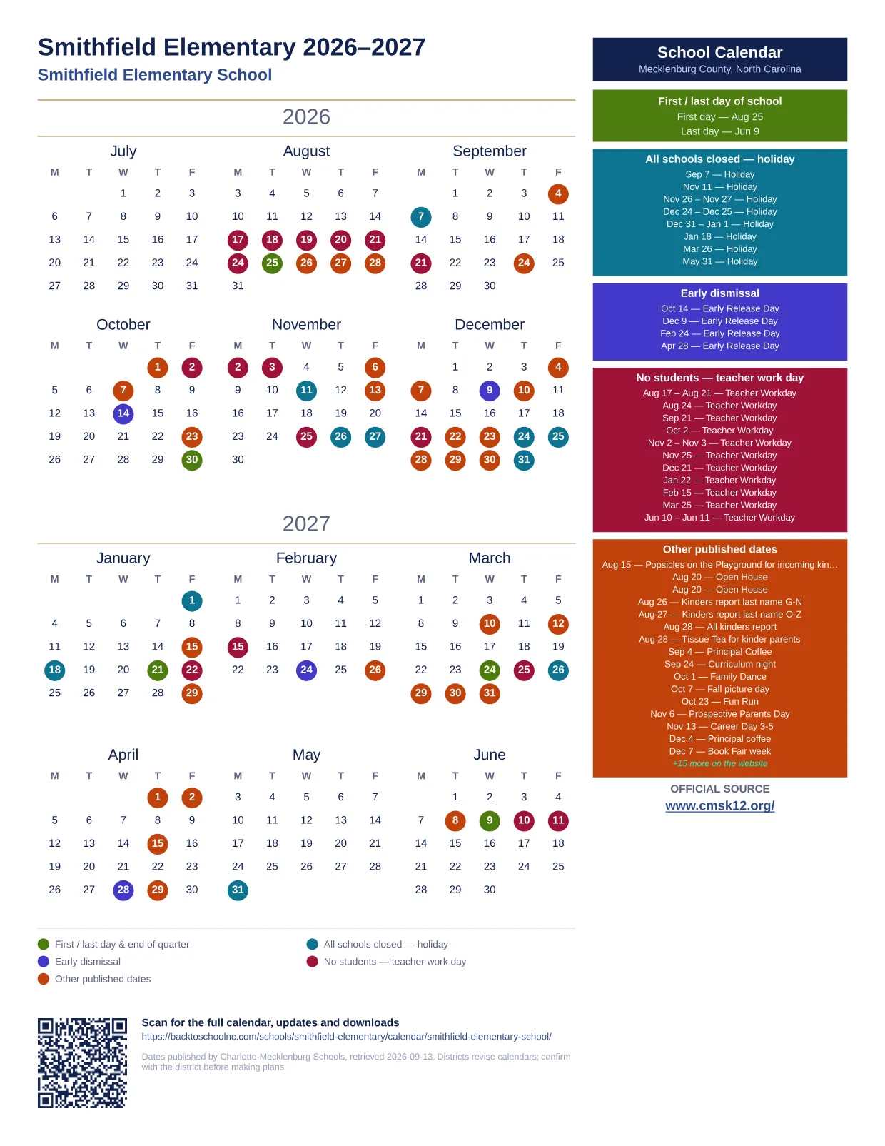 Smithfield Elementary 2026–2027 printable calendar