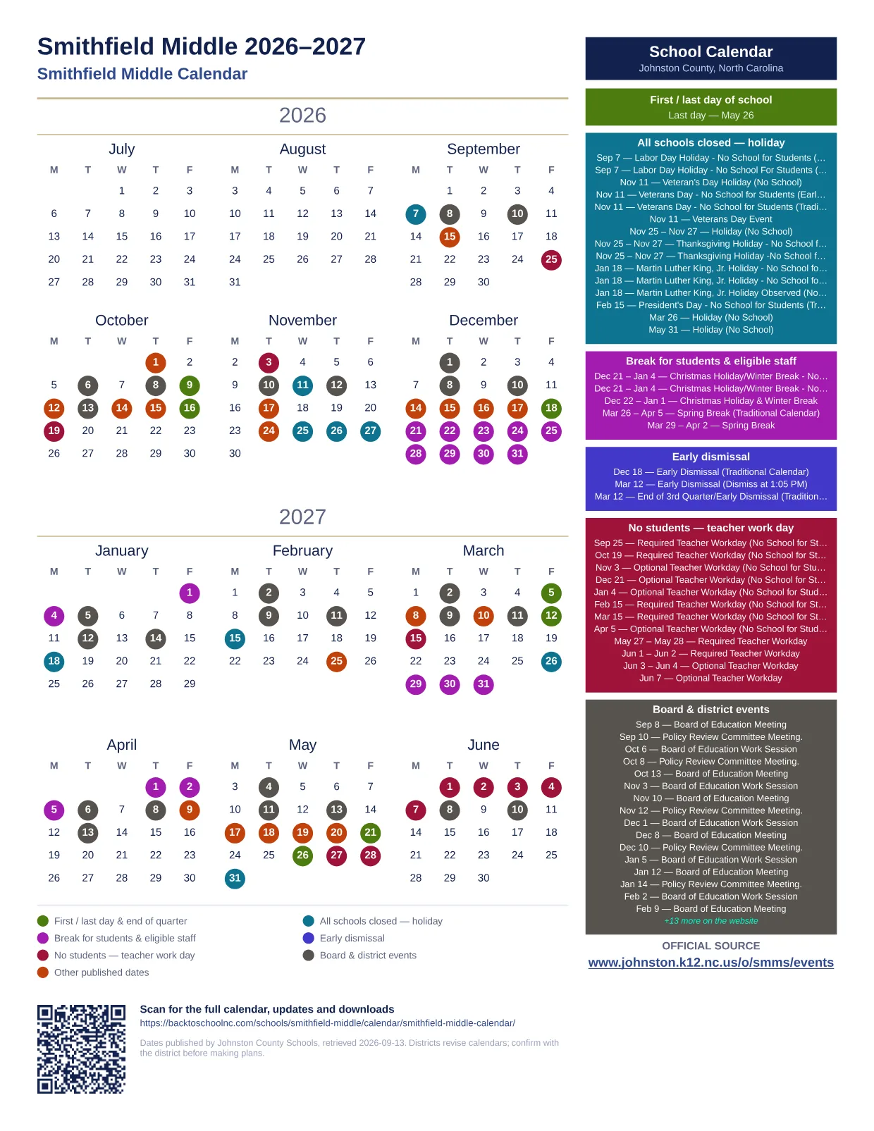 Smithfield Middle printable calendar