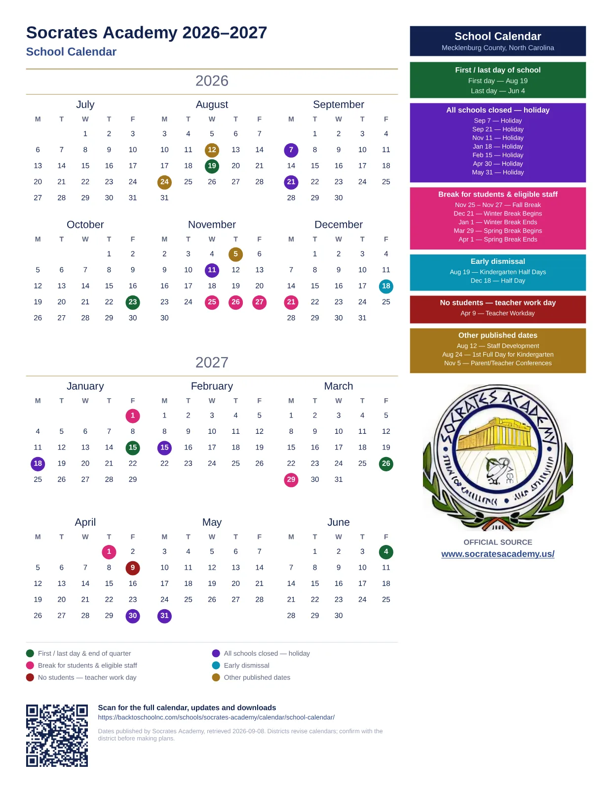 Socrates Academy School Calendar  printable calendar