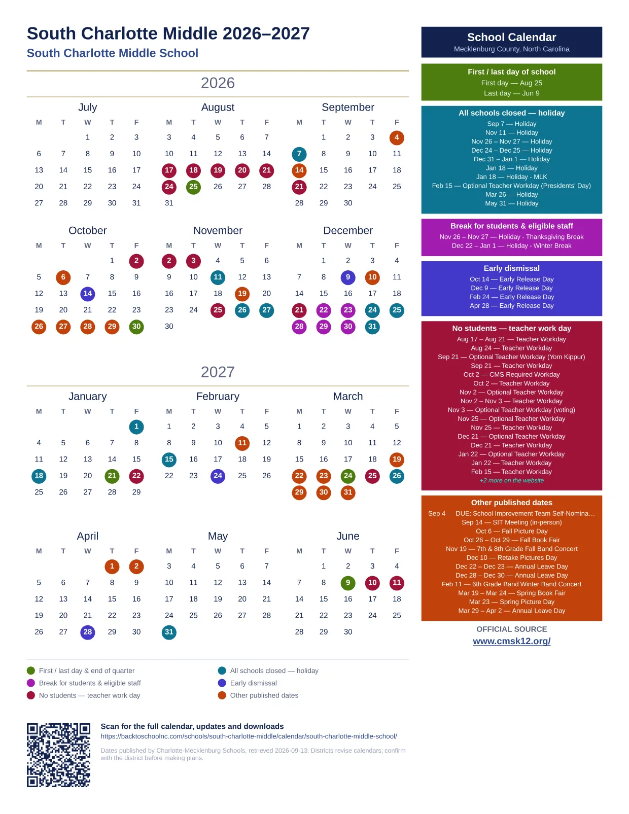 South Charlotte Middle 2026–2027 printable calendar