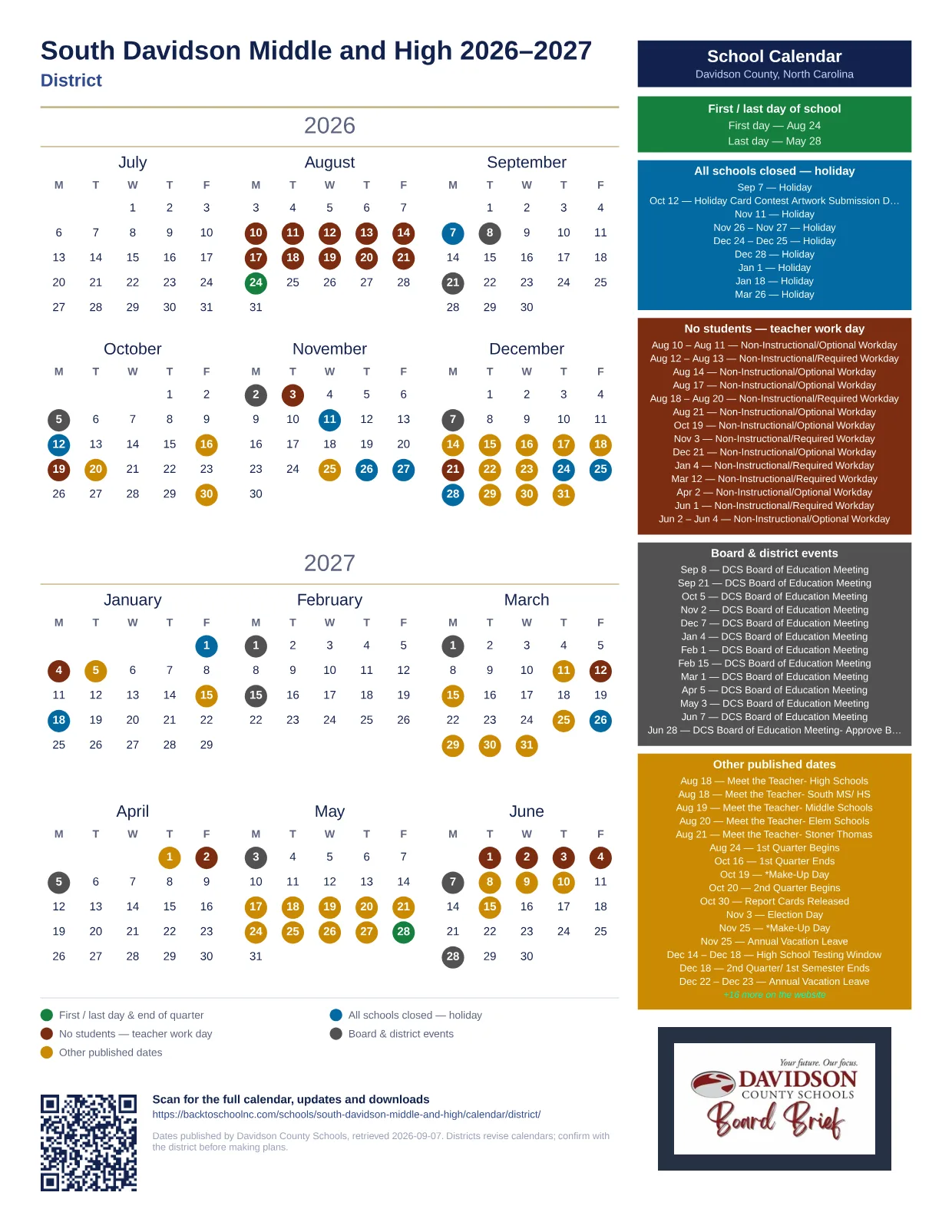 South Davidson Middle and High 2026–2027 printable calendar