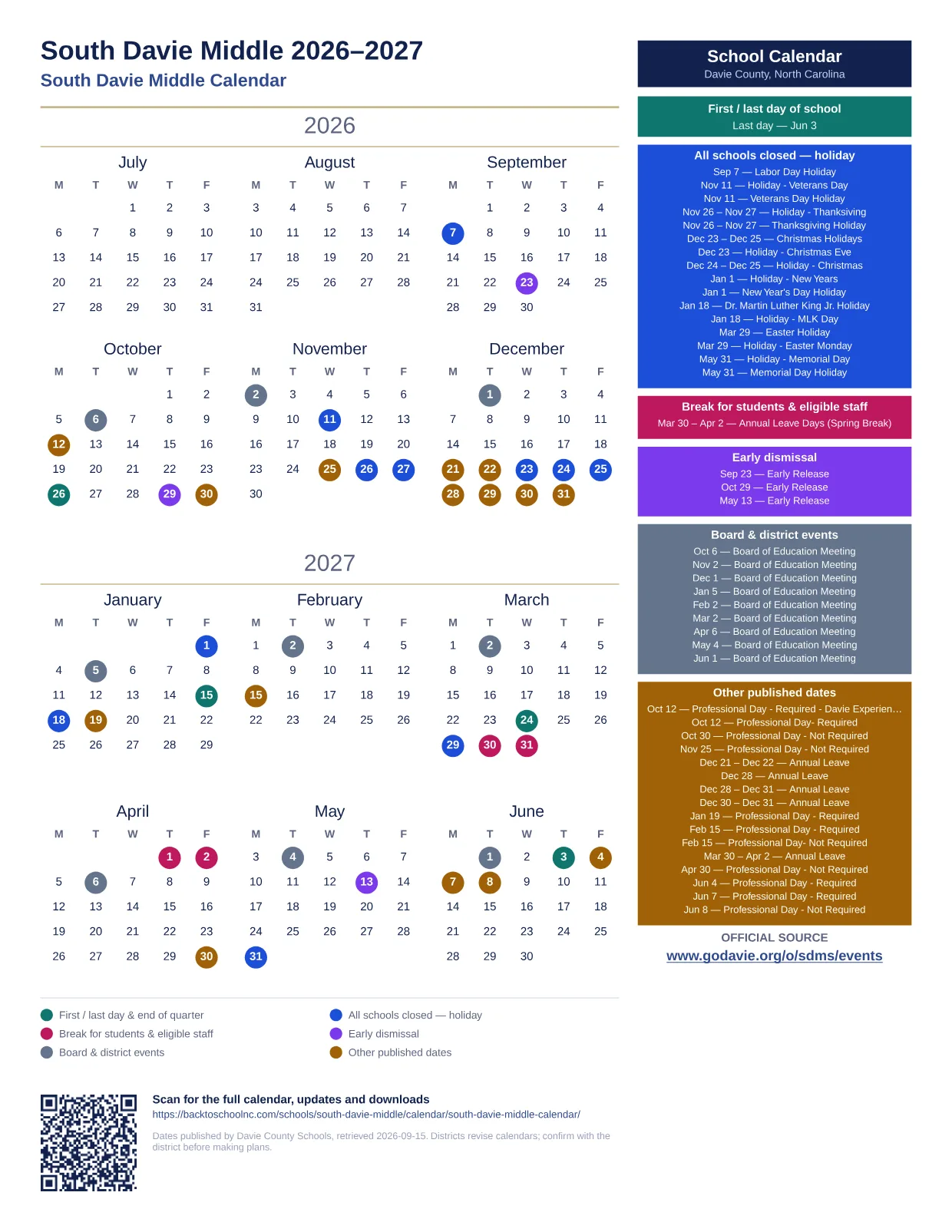 South Davie Middle  printable calendar