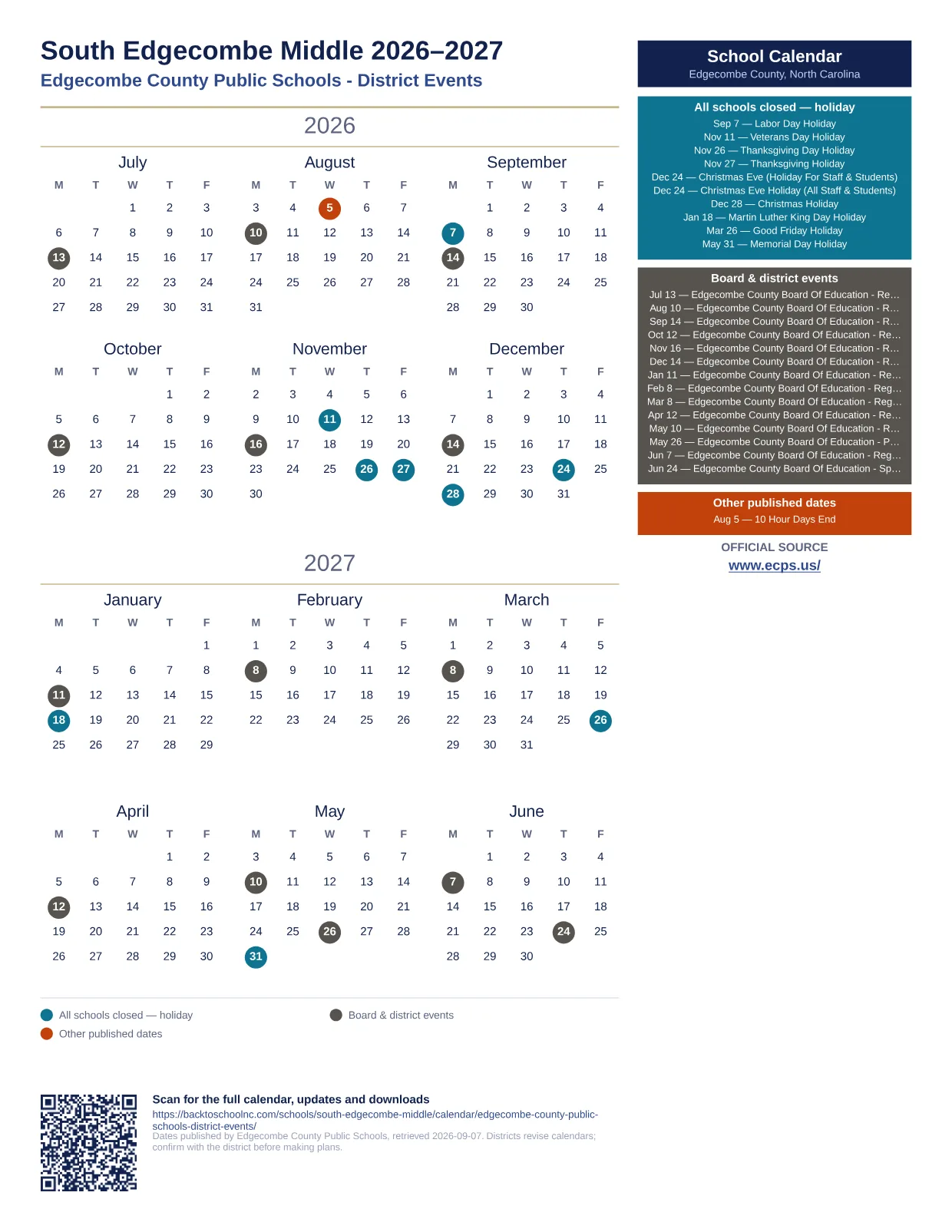 South Edgecombe Middle  printable calendar