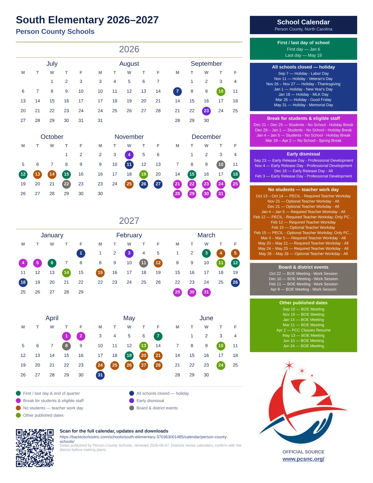 South Elementary 2027–2028 printable calendar