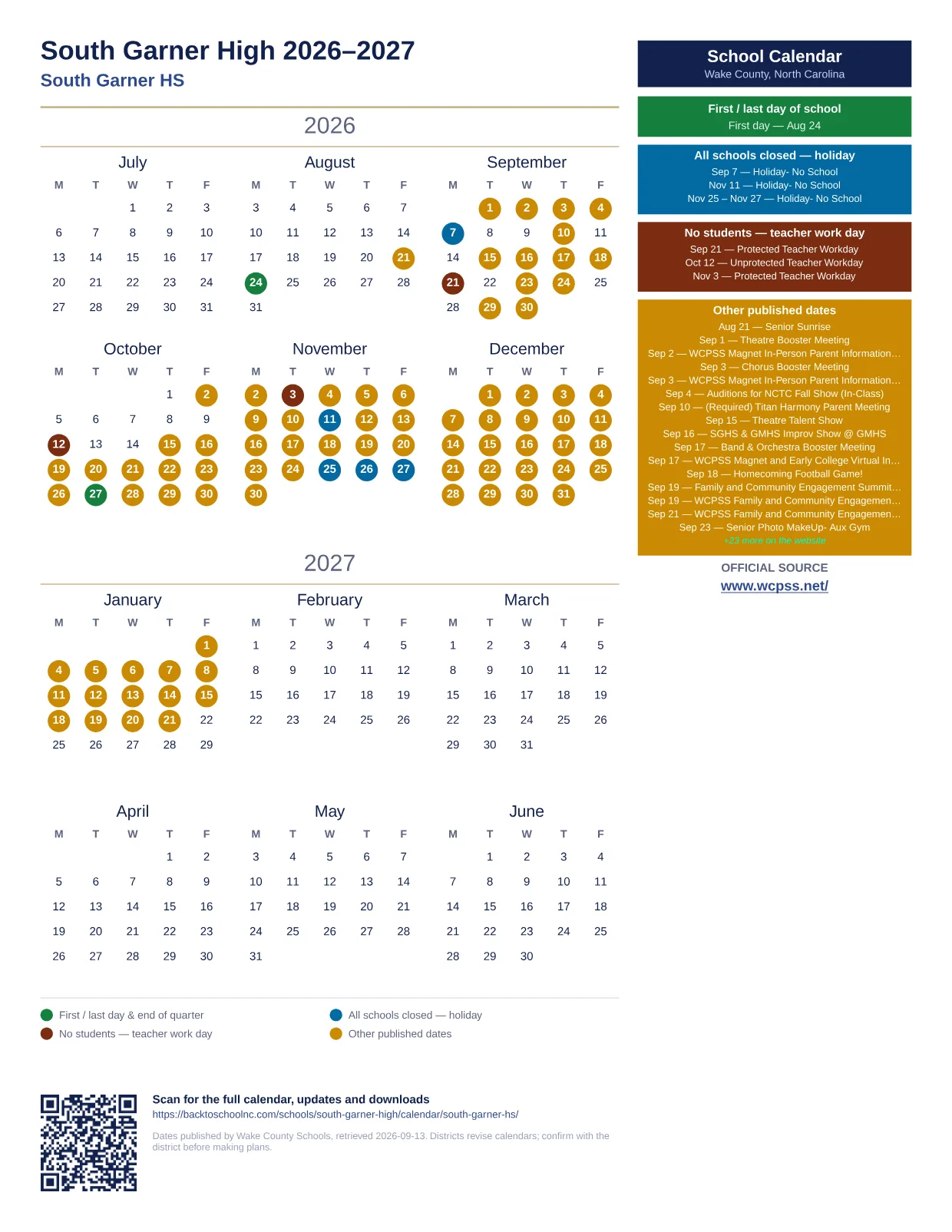 South Garner High 2026–2027 printable calendar