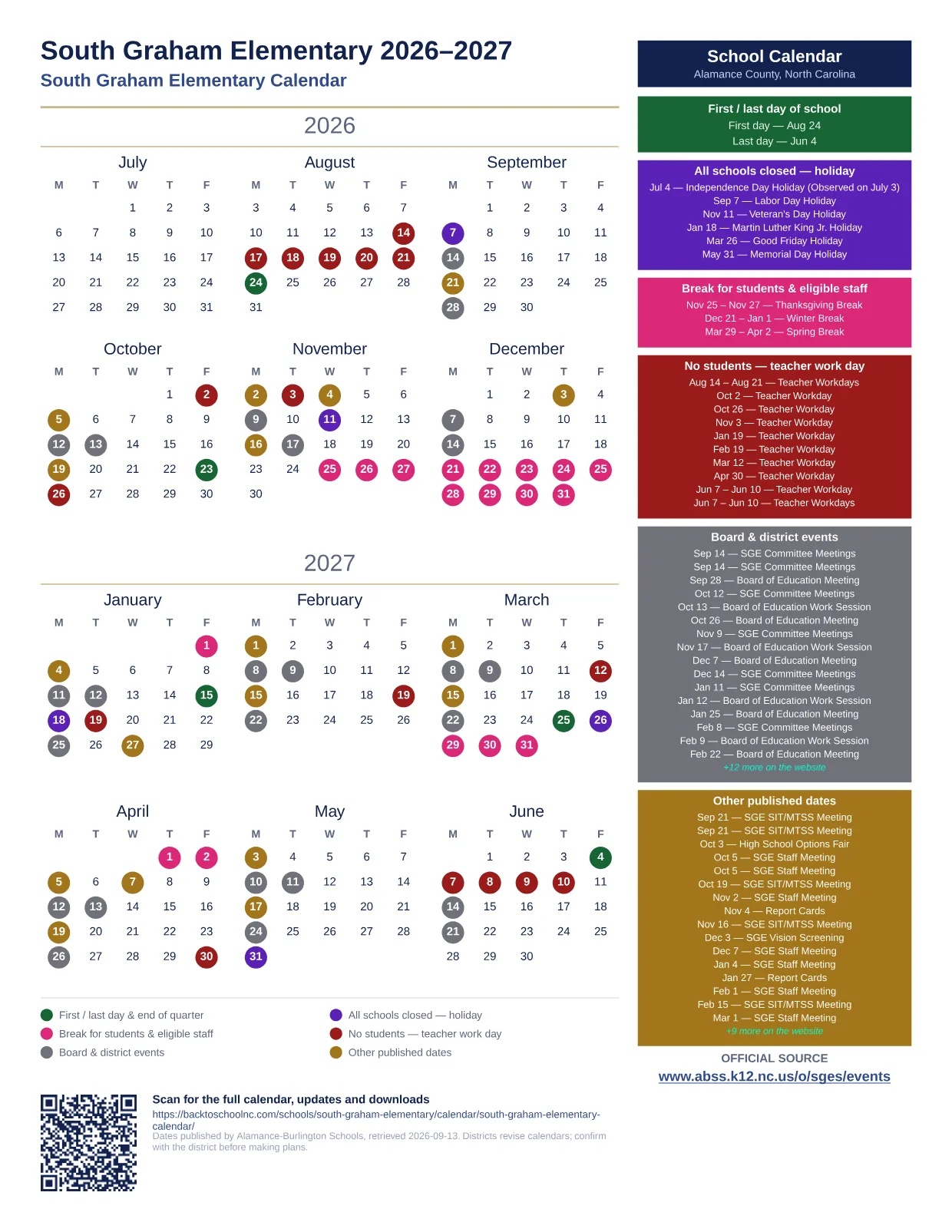 South Graham Elementary 2026–2027 printable calendar