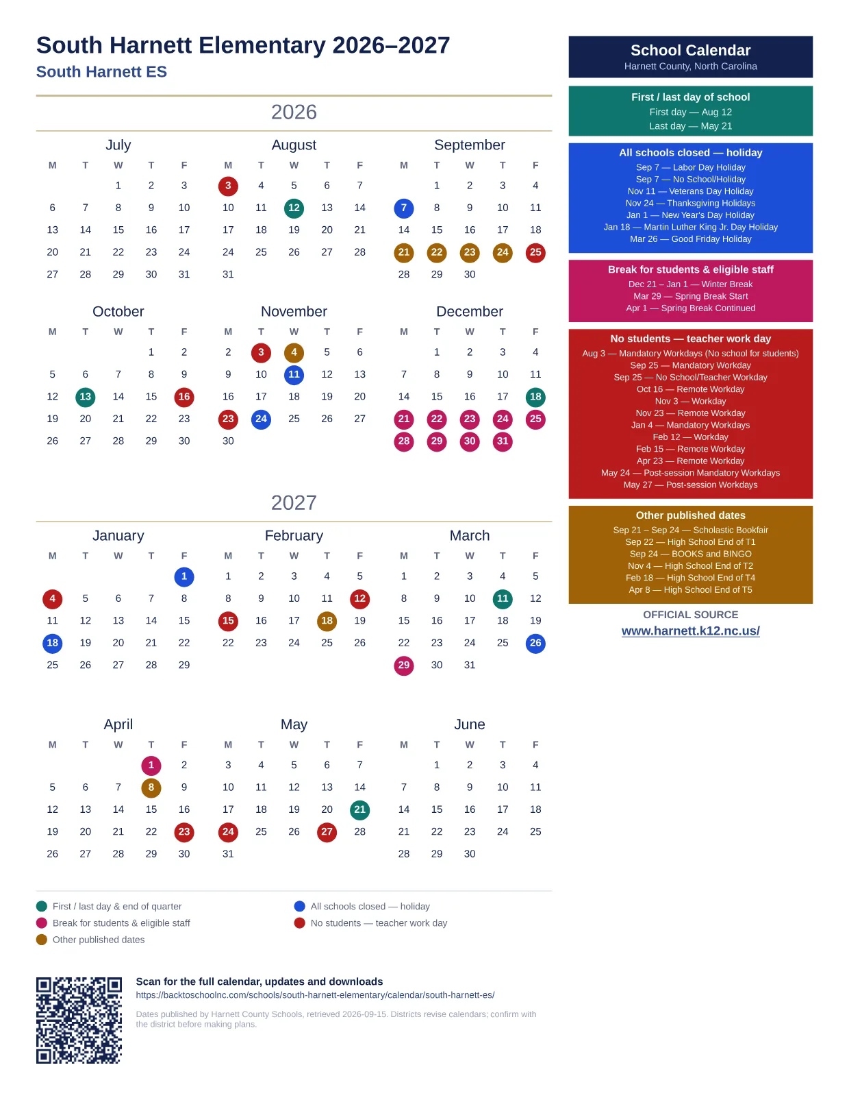 South Harnett Elementary 2026–2027 printable calendar