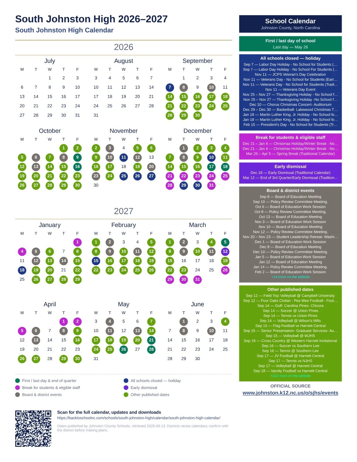 South Johnston High  printable calendar