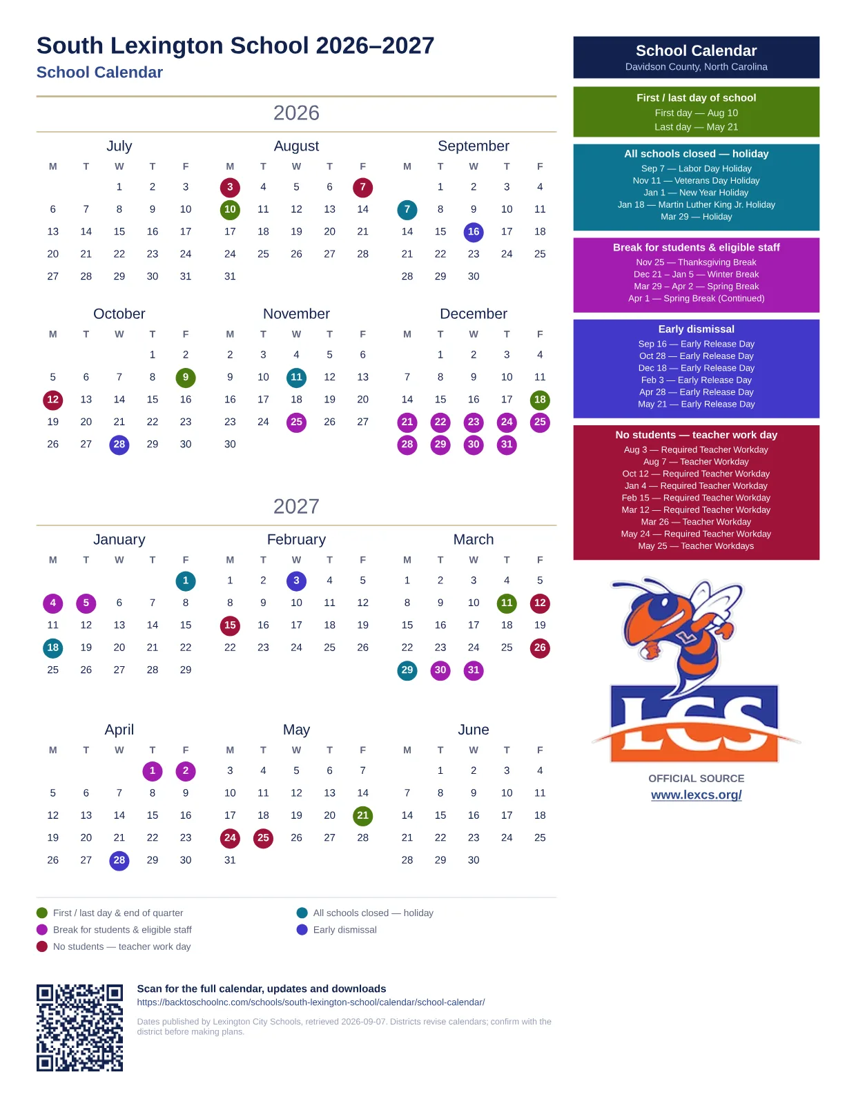 South Lexington School 2026–2027 printable calendar