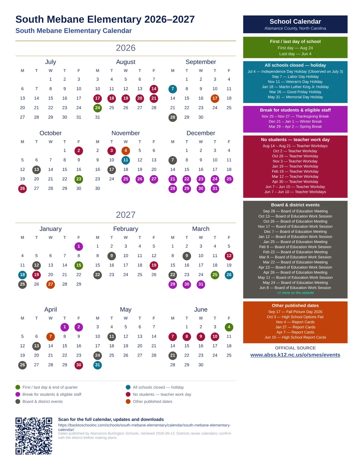 South Mebane Elementary 2026–2027 printable calendar
