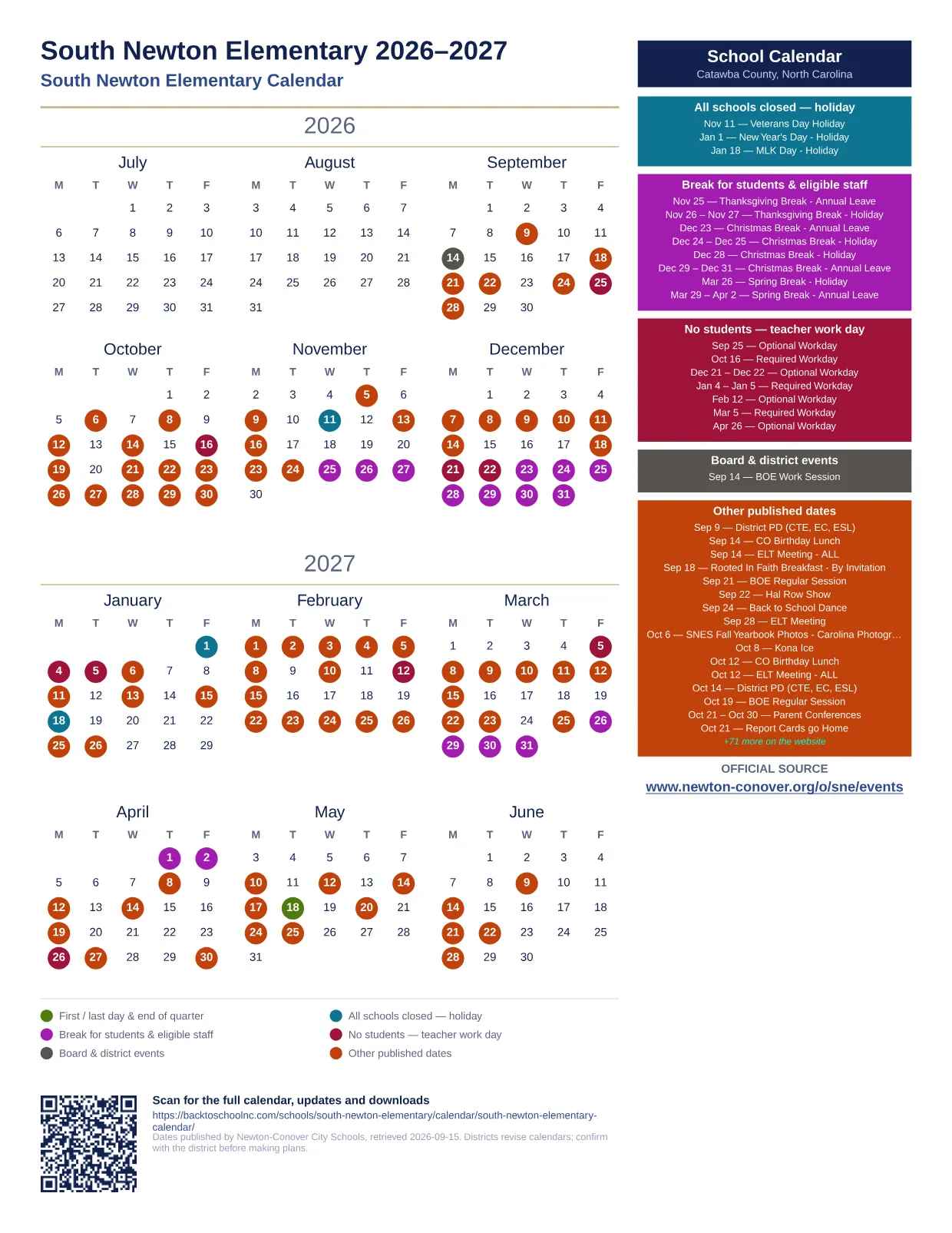 South Newton Elementary  printable calendar